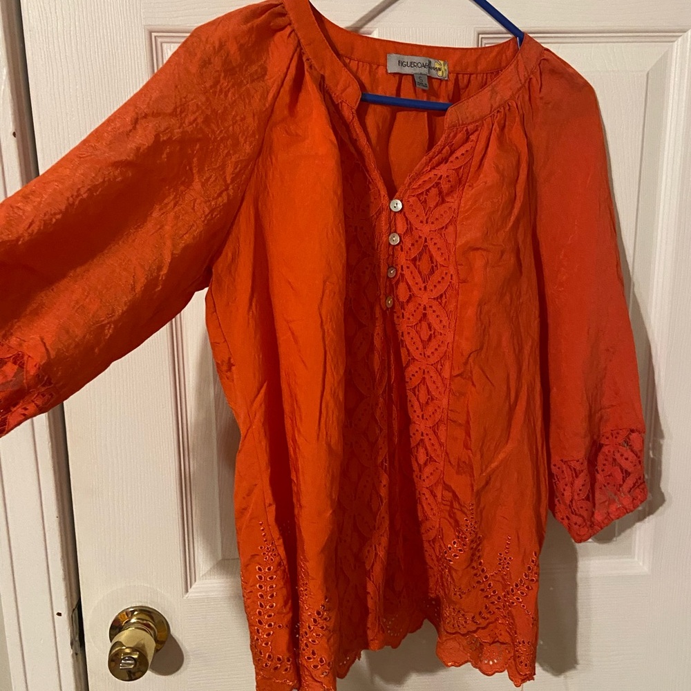 BELLISSIMA Orange Embroidered Lace-Trim Peasant Blouse